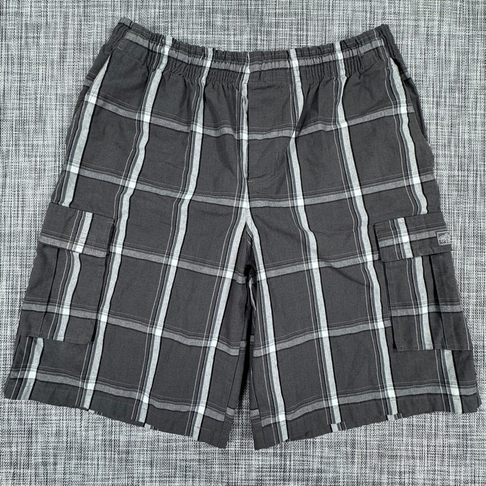 Shaka Wear Men's Plaid Cargo Shorts 2XL Gray Black Baggy Relaxed Elastic Waist